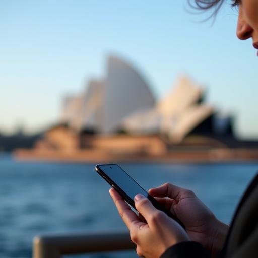 Person happily using a mobile phone in Sydney with Opera House in background